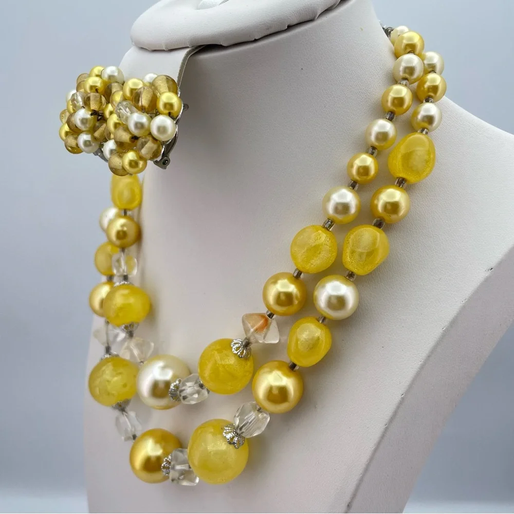 Vintage Japan Gold & Ivory Beaded Necklace & Cluster Clip Earring Set